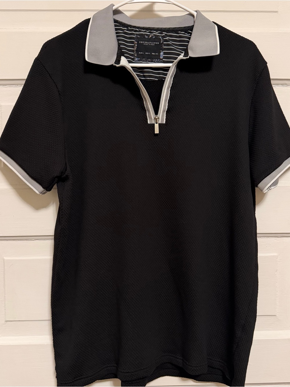 Denim & Flower Black Polo with Light Gray Trim and Half-Zip